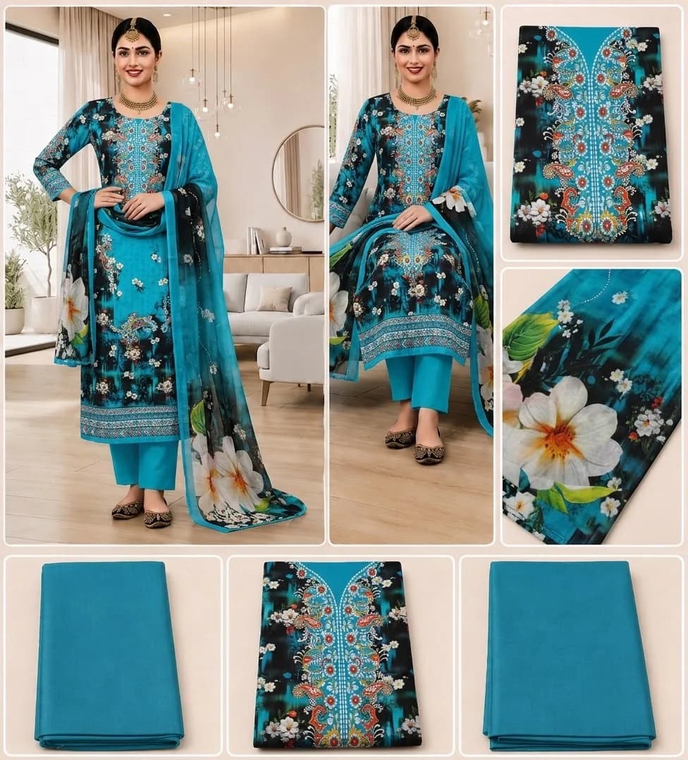 Elegant Teal Blue Printed Salwar Kameez with Floral Dupatta