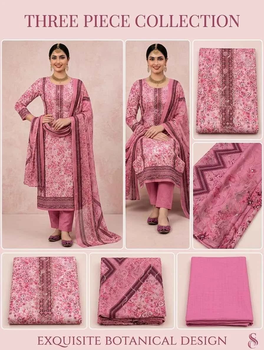 Exquisite Pink Botanical Printed Cotton 3-Piece Salwar Suit Set with Dupatta