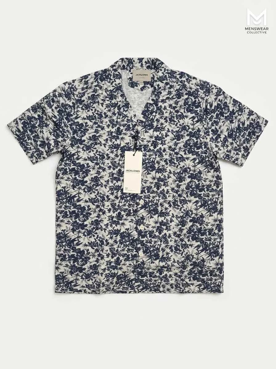 JACK & JONES Navy Blue Floral Print Short-Sleeve Resort Shirt 