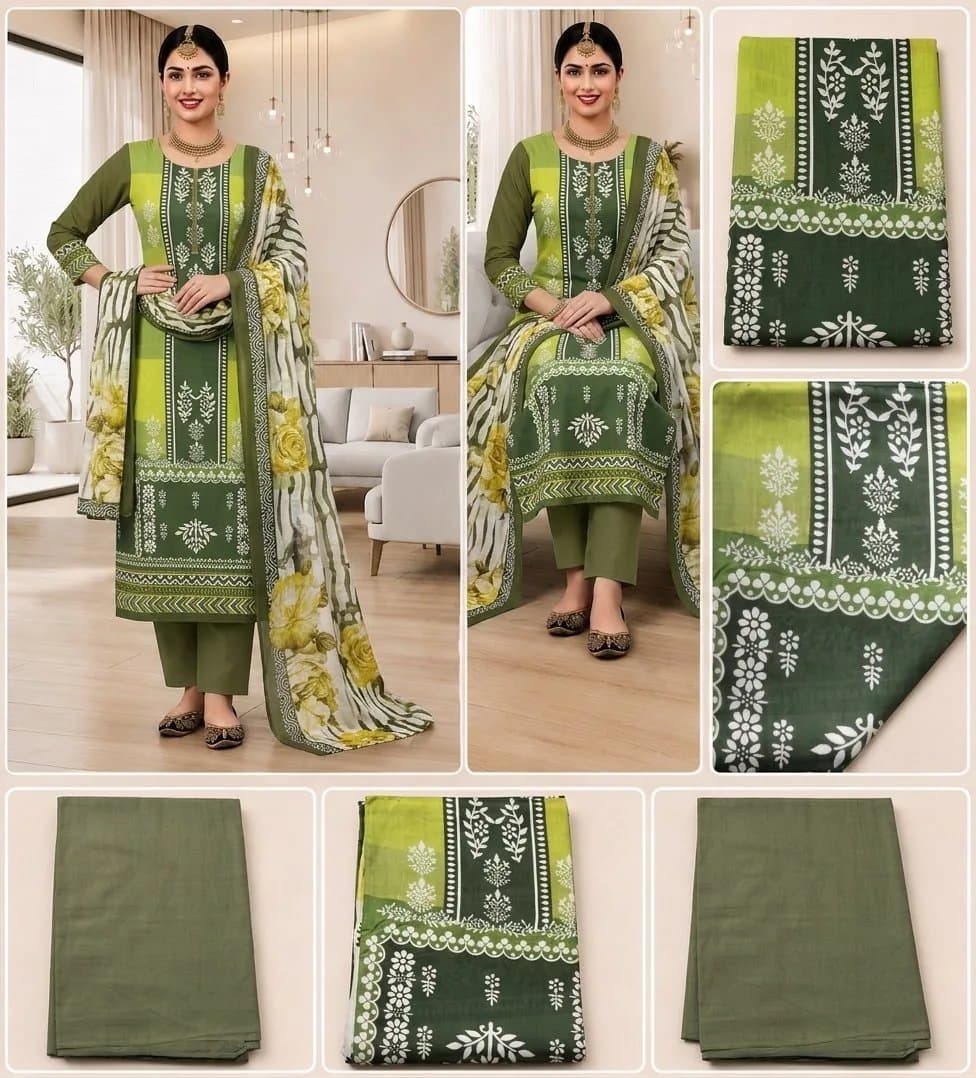 Elegant olive Green printed salweer kameez with Floral Dupatta.