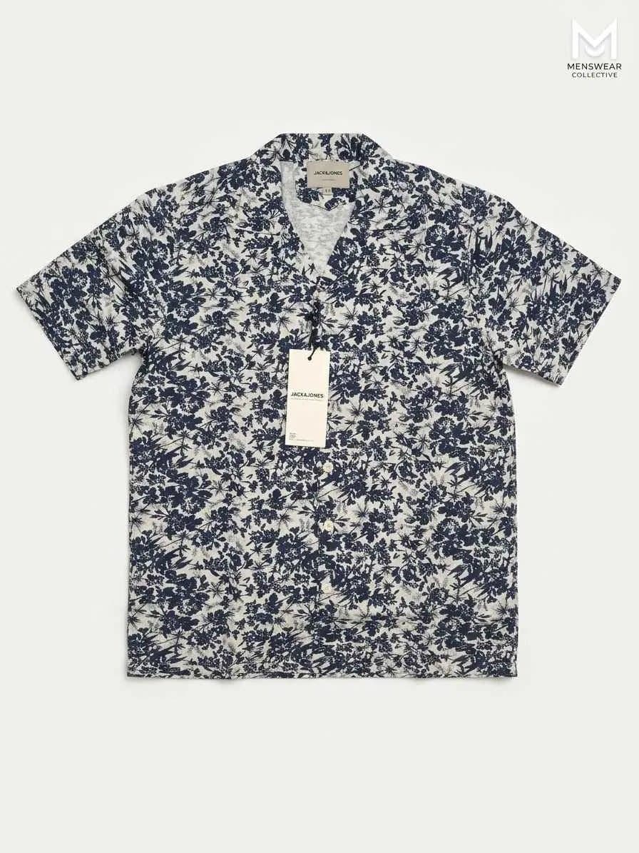 JACK & JONES Navy Blue Floral Print Short-Sleeve Resort Shirt 